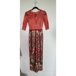 Marchesa Notte Artwork Sequin Dress Cap Sleeve Floral Lace Coral/Rose Gold - 0